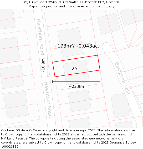 25, HAWTHORN ROAD, SLAITHWAITE, HUDDERSFIELD, HD7 5DU: Plot and title map