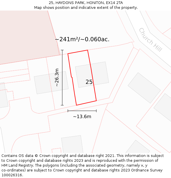 25, HAYDONS PARK, HONITON, EX14 2TA: Plot and title map