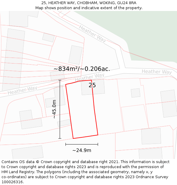 25, HEATHER WAY, CHOBHAM, WOKING, GU24 8RA: Plot and title map