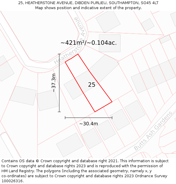 25, HEATHERSTONE AVENUE, DIBDEN PURLIEU, SOUTHAMPTON, SO45 4LT: Plot and title map