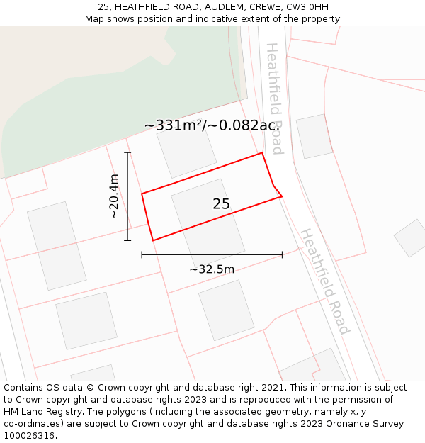 25, HEATHFIELD ROAD, AUDLEM, CREWE, CW3 0HH: Plot and title map