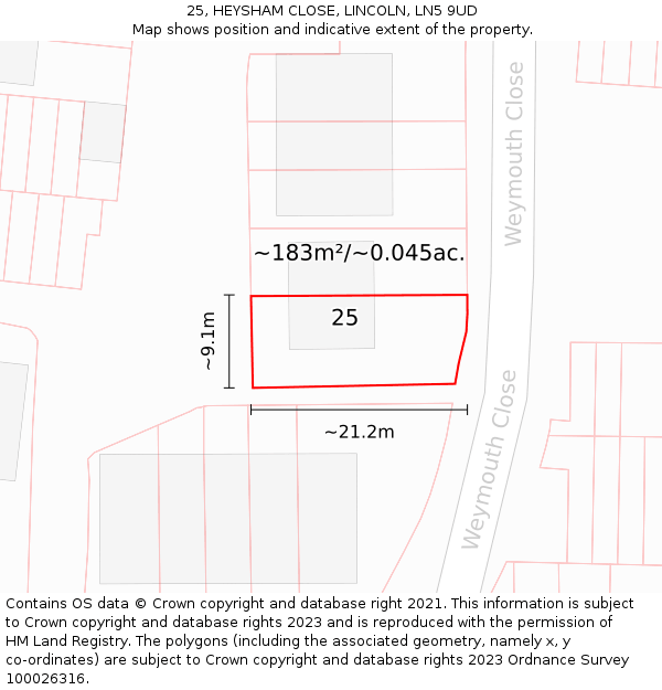 25, HEYSHAM CLOSE, LINCOLN, LN5 9UD: Plot and title map