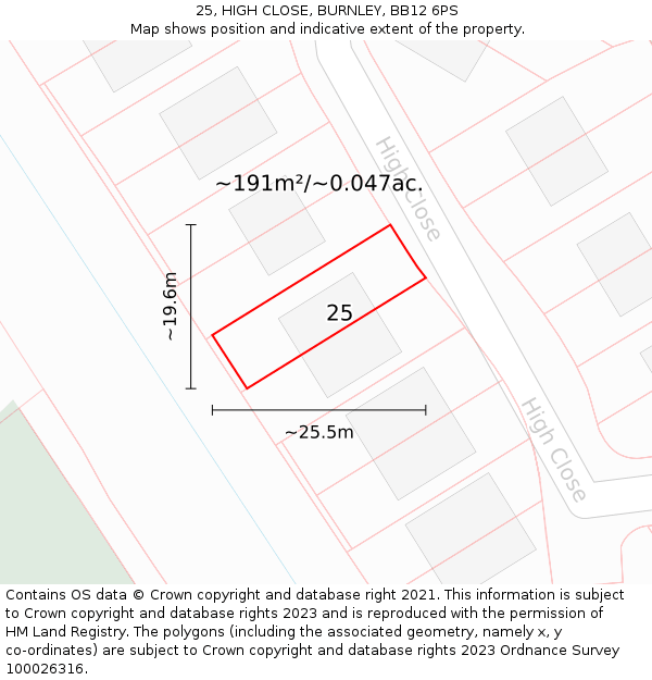 25, HIGH CLOSE, BURNLEY, BB12 6PS: Plot and title map