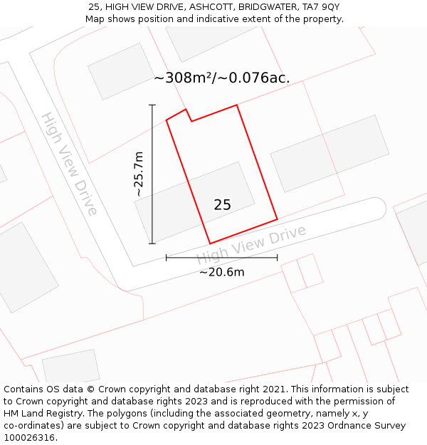 25, HIGH VIEW DRIVE, ASHCOTT, BRIDGWATER, TA7 9QY: Plot and title map