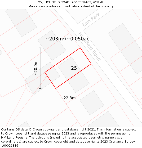 25, HIGHFIELD ROAD, PONTEFRACT, WF8 4LJ: Plot and title map