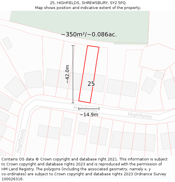 25, HIGHFIELDS, SHREWSBURY, SY2 5PQ: Plot and title map