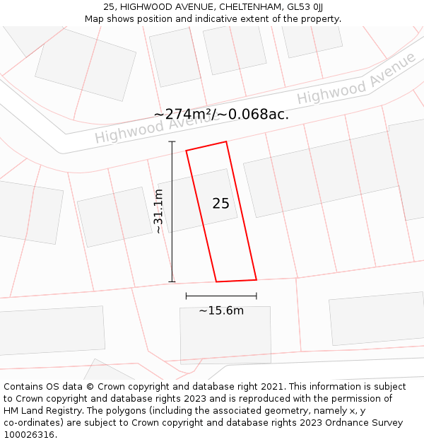 25, HIGHWOOD AVENUE, CHELTENHAM, GL53 0JJ: Plot and title map