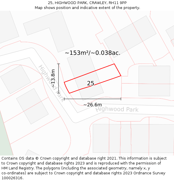 25, HIGHWOOD PARK, CRAWLEY, RH11 9PP: Plot and title map