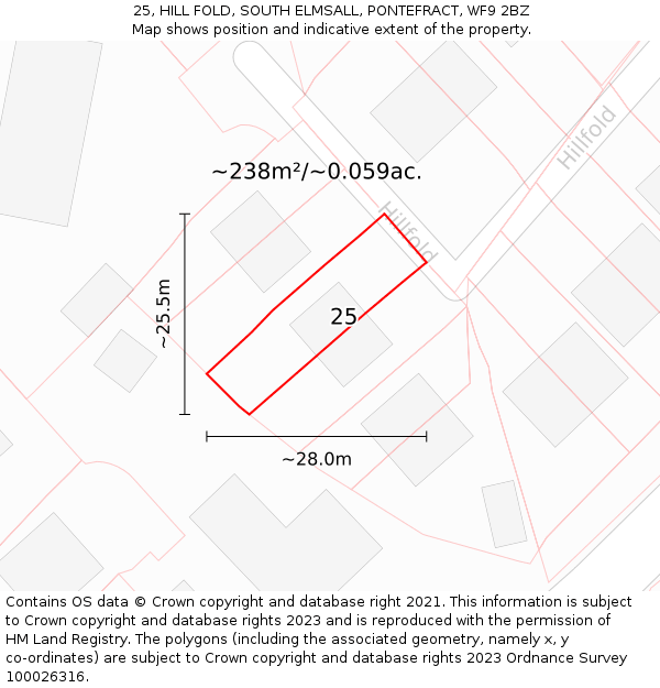 25, HILL FOLD, SOUTH ELMSALL, PONTEFRACT, WF9 2BZ: Plot and title map