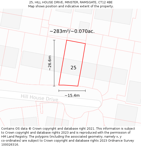 25, HILL HOUSE DRIVE, MINSTER, RAMSGATE, CT12 4BE: Plot and title map