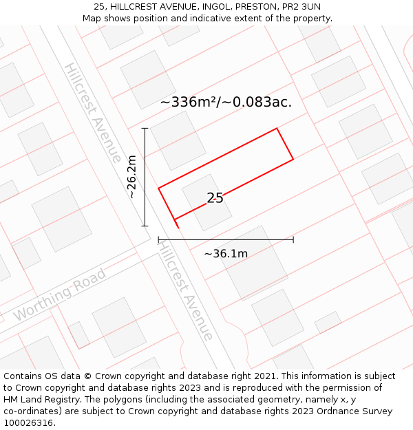 25, HILLCREST AVENUE, INGOL, PRESTON, PR2 3UN: Plot and title map