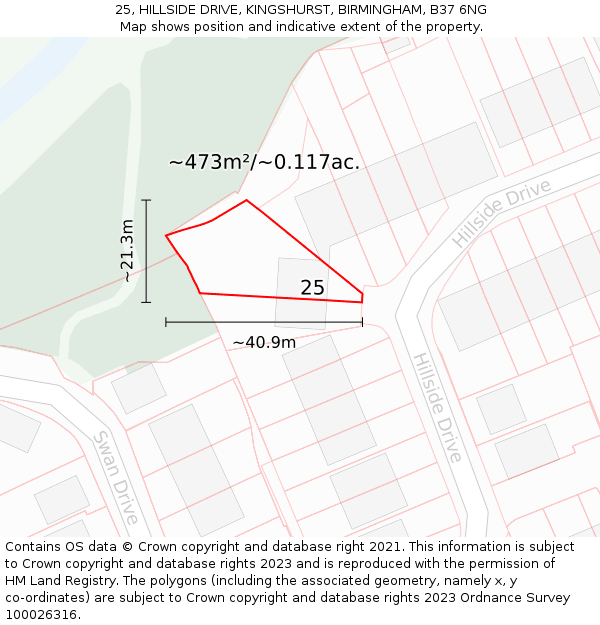 25, HILLSIDE DRIVE, KINGSHURST, BIRMINGHAM, B37 6NG: Plot and title map