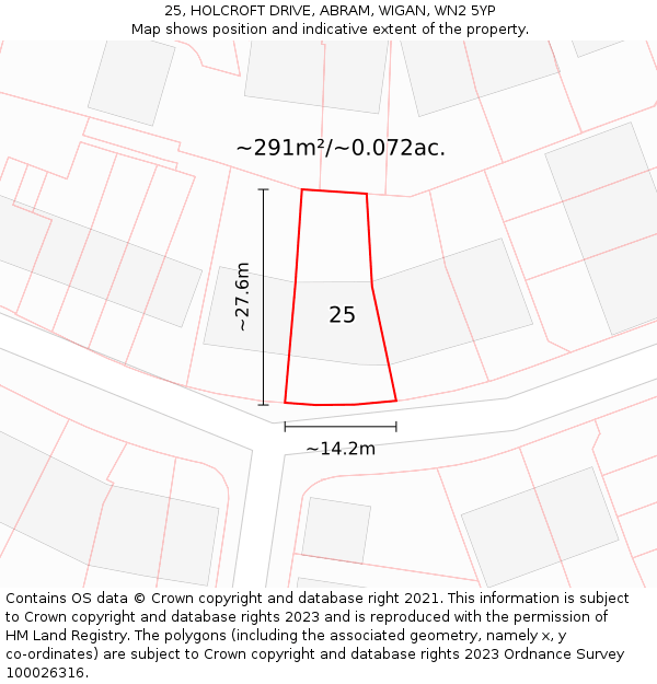 25, HOLCROFT DRIVE, ABRAM, WIGAN, WN2 5YP: Plot and title map