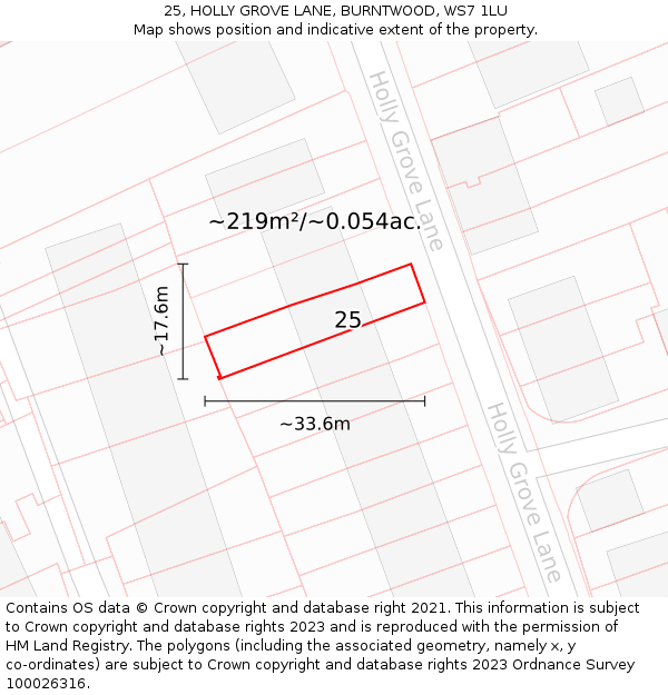 25, HOLLY GROVE LANE, BURNTWOOD, WS7 1LU: Plot and title map