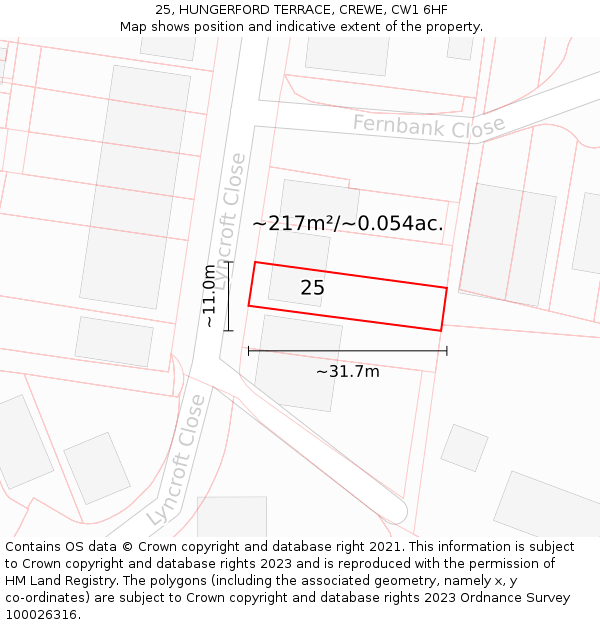 25, HUNGERFORD TERRACE, CREWE, CW1 6HF: Plot and title map