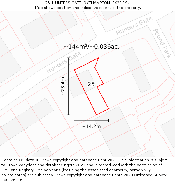 25, HUNTERS GATE, OKEHAMPTON, EX20 1SU: Plot and title map