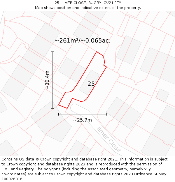 25, ILMER CLOSE, RUGBY, CV21 1TY: Plot and title map