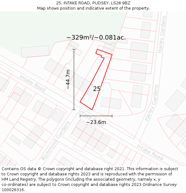 25, INTAKE ROAD, PUDSEY, LS28 9BZ: Plot and title map