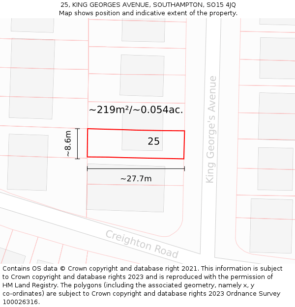 25, KING GEORGES AVENUE, SOUTHAMPTON, SO15 4JQ: Plot and title map