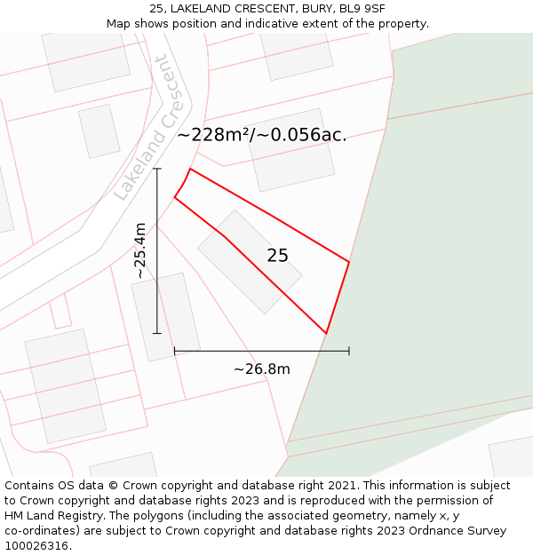 25, LAKELAND CRESCENT, BURY, BL9 9SF: Plot and title map