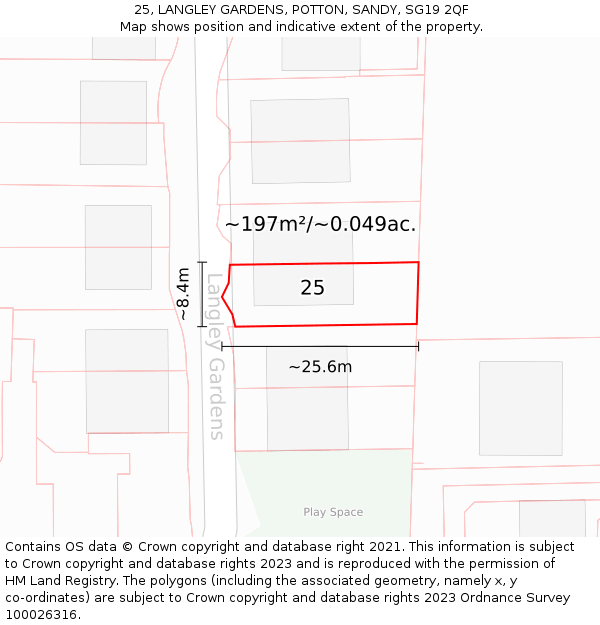 25, LANGLEY GARDENS, POTTON, SANDY, SG19 2QF: Plot and title map