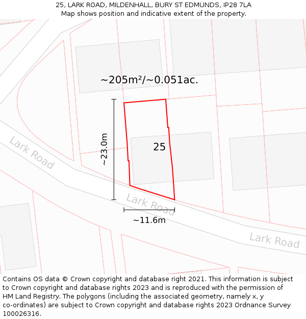 25, LARK ROAD, MILDENHALL, BURY ST EDMUNDS, IP28 7LA: Plot and title map