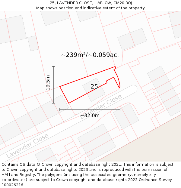 25, LAVENDER CLOSE, HARLOW, CM20 3QJ: Plot and title map