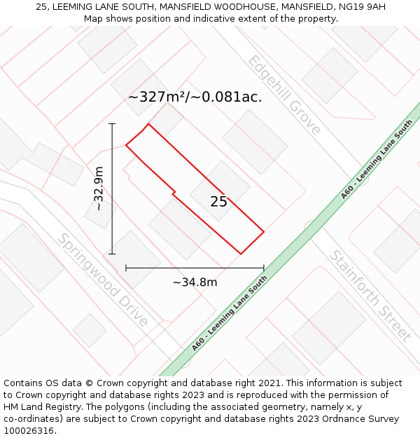 25, LEEMING LANE SOUTH, MANSFIELD WOODHOUSE, MANSFIELD, NG19 9AH: Plot and title map