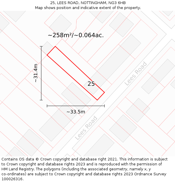 25, LEES ROAD, NOTTINGHAM, NG3 6HB: Plot and title map