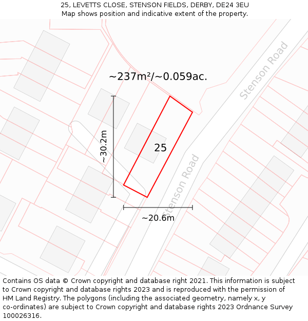 25, LEVETTS CLOSE, STENSON FIELDS, DERBY, DE24 3EU: Plot and title map