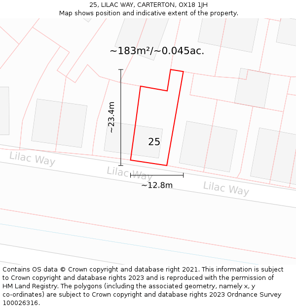 25, LILAC WAY, CARTERTON, OX18 1JH: Plot and title map