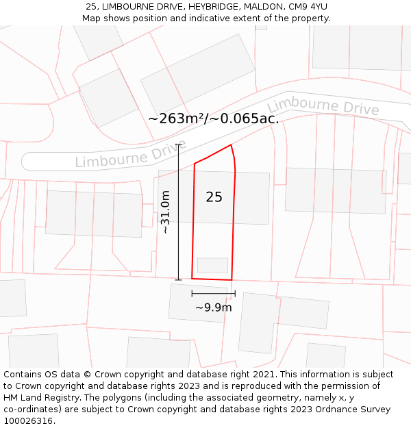 25, LIMBOURNE DRIVE, HEYBRIDGE, MALDON, CM9 4YU: Plot and title map