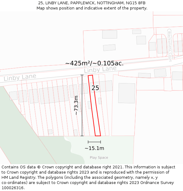 25, LINBY LANE, PAPPLEWICK, NOTTINGHAM, NG15 8FB: Plot and title map