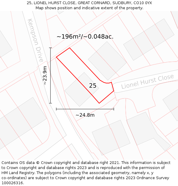 25, LIONEL HURST CLOSE, GREAT CORNARD, SUDBURY, CO10 0YX: Plot and title map