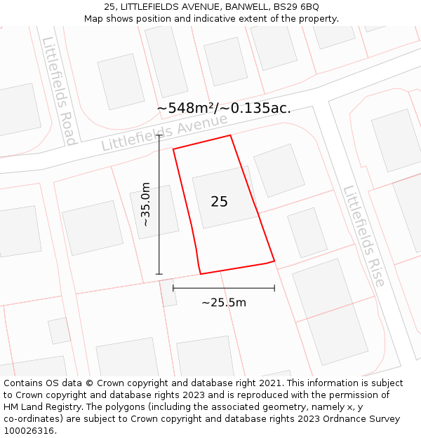 25, LITTLEFIELDS AVENUE, BANWELL, BS29 6BQ: Plot and title map