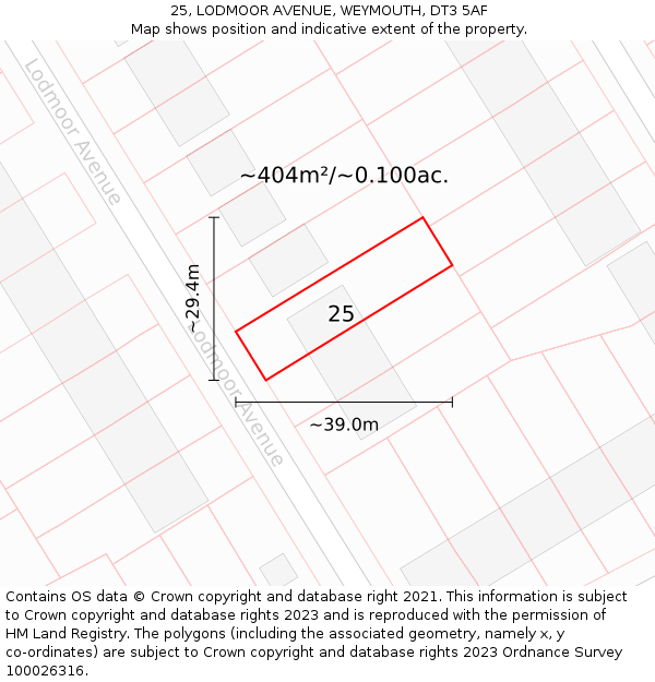 25, LODMOOR AVENUE, WEYMOUTH, DT3 5AF: Plot and title map