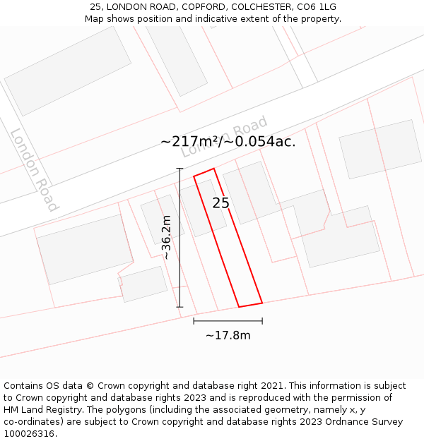 25, LONDON ROAD, COPFORD, COLCHESTER, CO6 1LG: Plot and title map