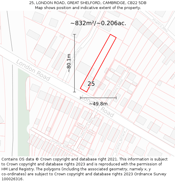 25, LONDON ROAD, GREAT SHELFORD, CAMBRIDGE, CB22 5DB: Plot and title map