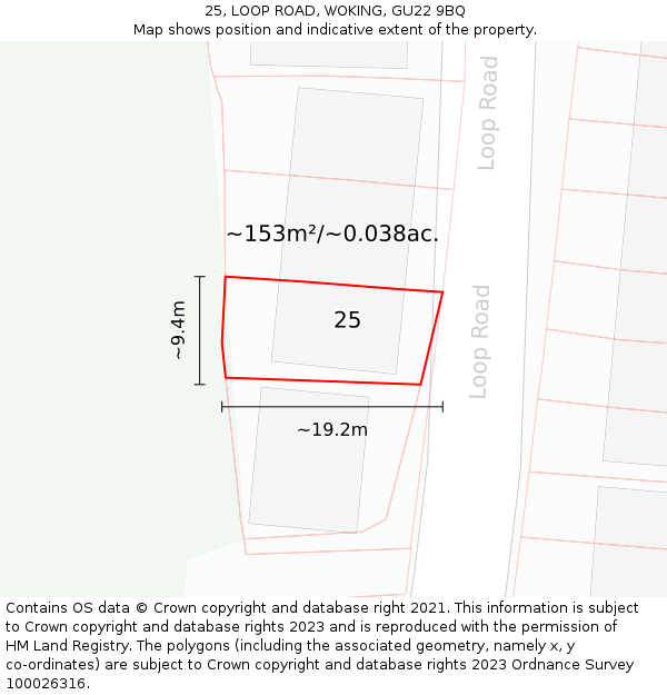 25, LOOP ROAD, WOKING, GU22 9BQ: Plot and title map