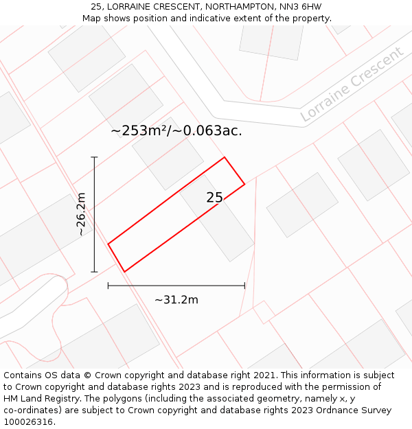 25, LORRAINE CRESCENT, NORTHAMPTON, NN3 6HW: Plot and title map