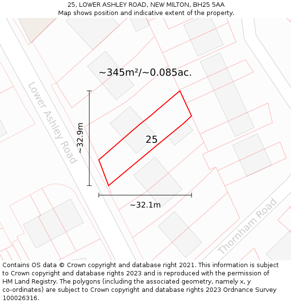 25, LOWER ASHLEY ROAD, NEW MILTON, BH25 5AA: Plot and title map