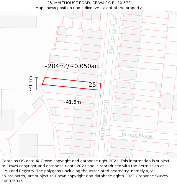 25, MALTHOUSE ROAD, CRAWLEY, RH10 6BE: Plot and title map
