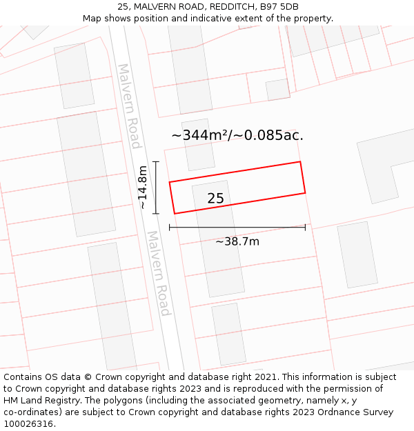 25, MALVERN ROAD, REDDITCH, B97 5DB: Plot and title map