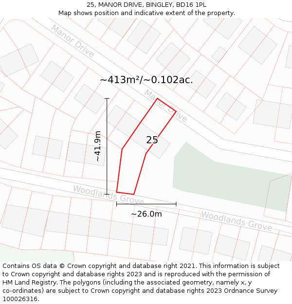 25, MANOR DRIVE, BINGLEY, BD16 1PL: Plot and title map