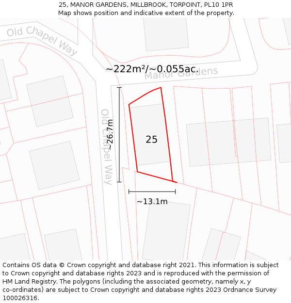 25, MANOR GARDENS, MILLBROOK, TORPOINT, PL10 1PR: Plot and title map