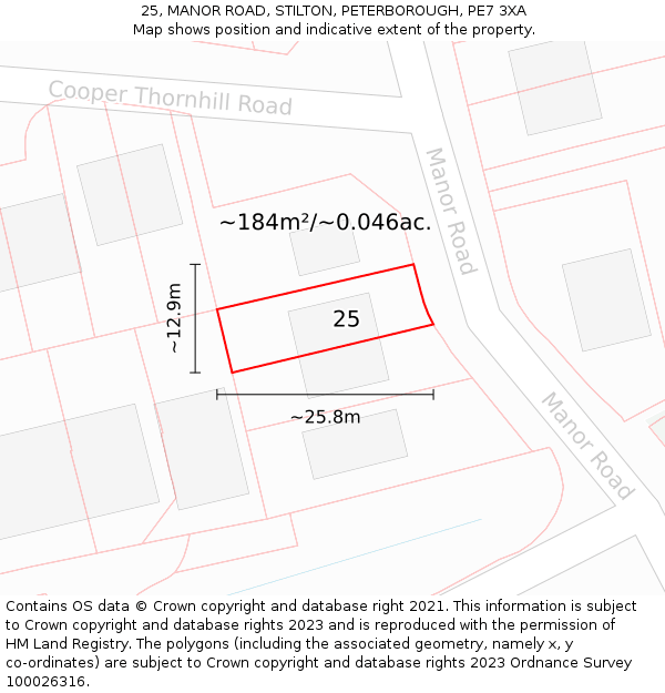 25, MANOR ROAD, STILTON, PETERBOROUGH, PE7 3XA: Plot and title map