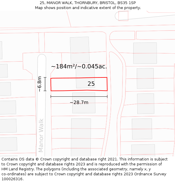 25, MANOR WALK, THORNBURY, BRISTOL, BS35 1SP: Plot and title map