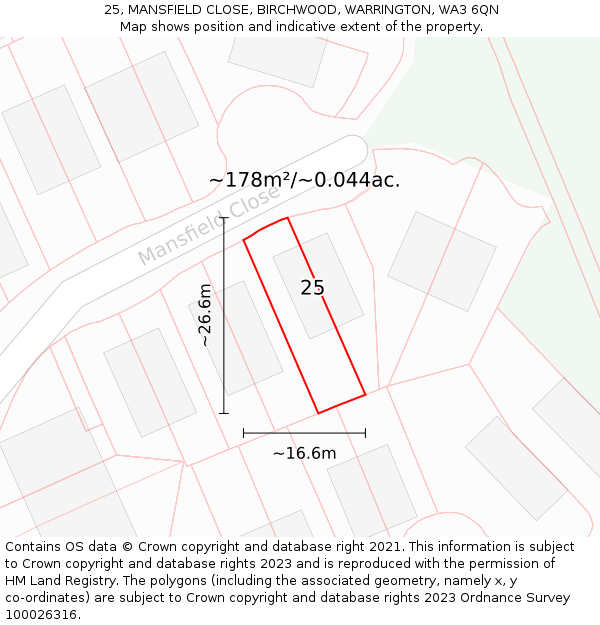 25, MANSFIELD CLOSE, BIRCHWOOD, WARRINGTON, WA3 6QN: Plot and title map