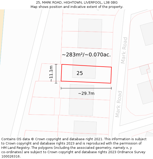 25, MARK ROAD, HIGHTOWN, LIVERPOOL, L38 0BG: Plot and title map