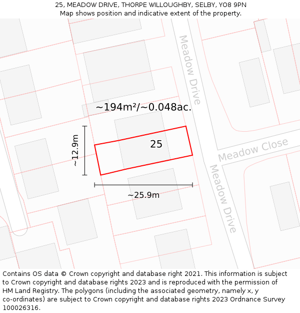 25, MEADOW DRIVE, THORPE WILLOUGHBY, SELBY, YO8 9PN: Plot and title map